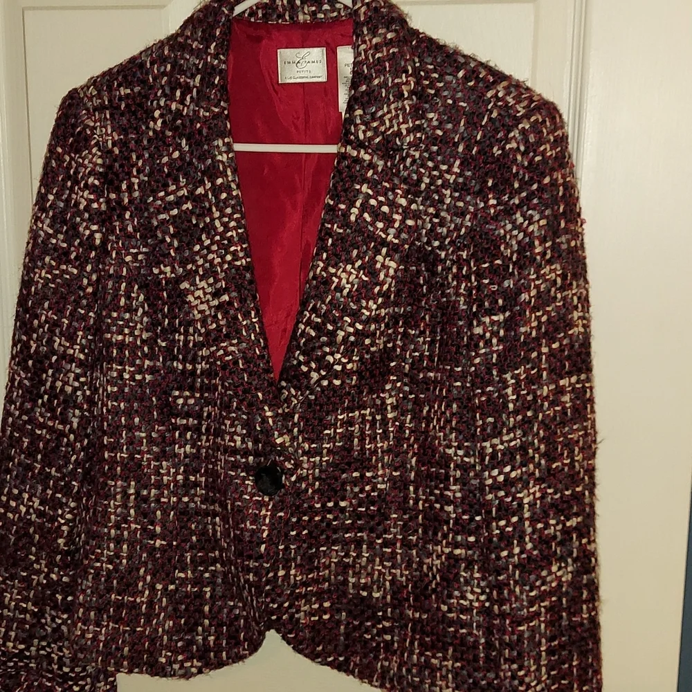 Emma James Petite red white tweed single breasted blazer Size 10P - Picture 1 of 9